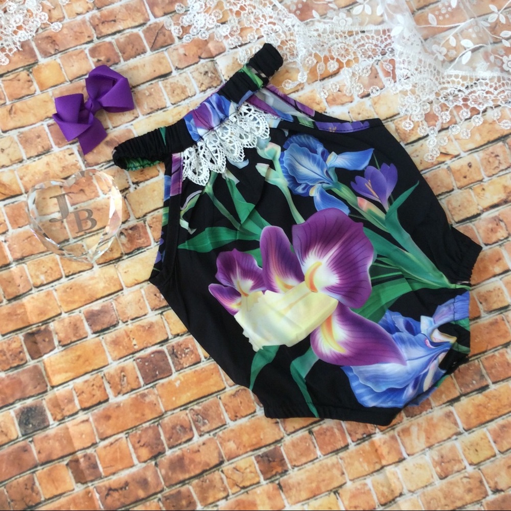 Boutique Baby Girl Black & Purple Lily  Romper - Picture 2 of 3